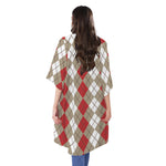 Red Beige And White Argyle Pattern Print Open Front Beach Cover Up