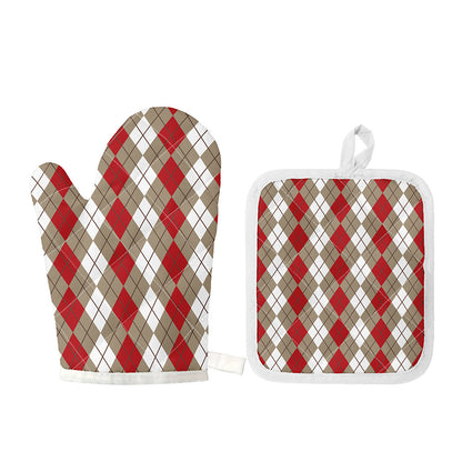 Red Beige And White Argyle Pattern Print Oven Mitt And Pot Holder Set