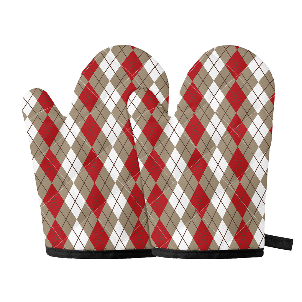 Red Beige And White Argyle Pattern Print Oven Mitts