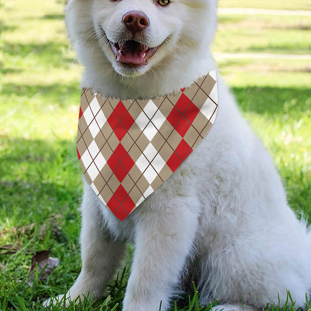 Red Beige And White Argyle Pattern Print Over The Collar Dog Bandana