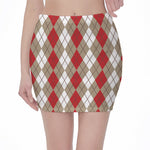 Red Beige And White Argyle Pattern Print Pencil Mini Skirt