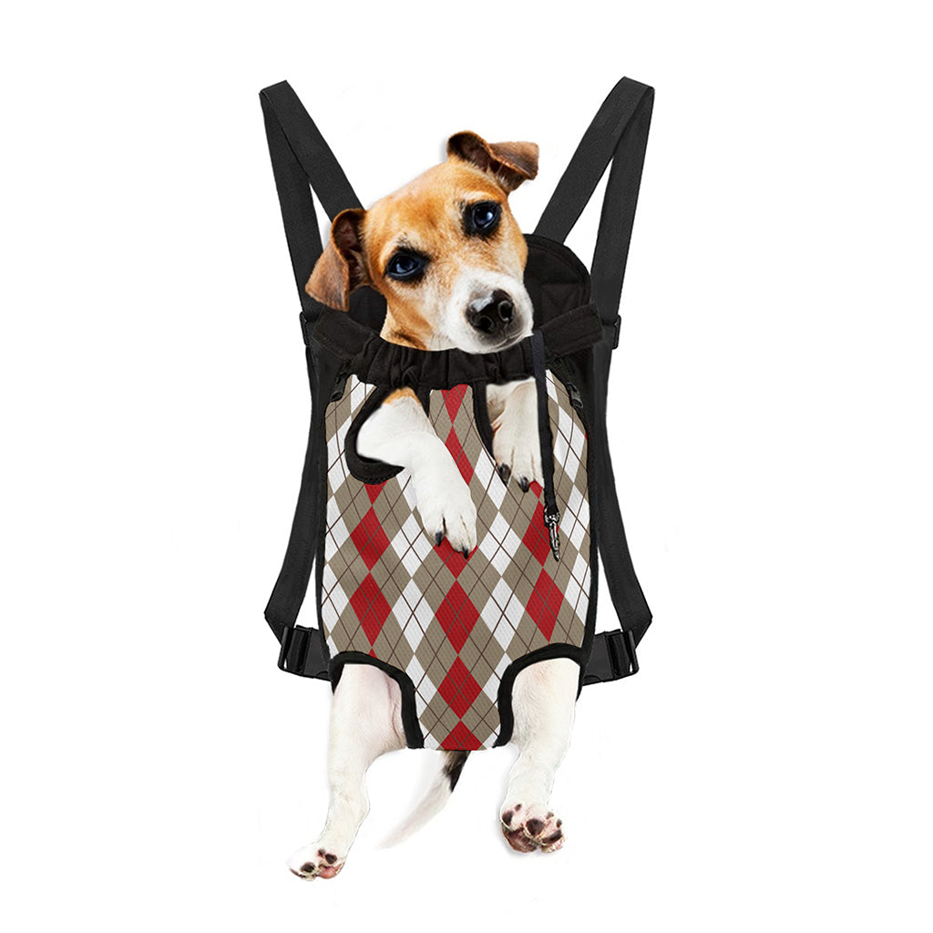 Red Beige And White Argyle Pattern Print Pet Carrier Backpack