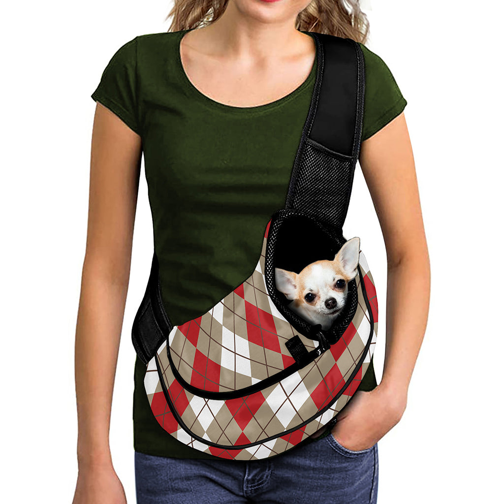 Red Beige And White Argyle Pattern Print Pet Sling Carrier