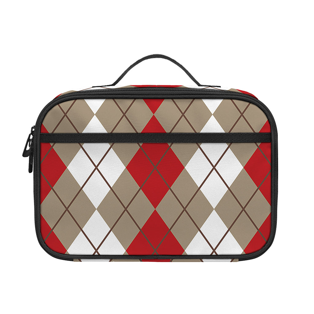 Red Beige And White Argyle Pattern Print Portable Lunch Bag