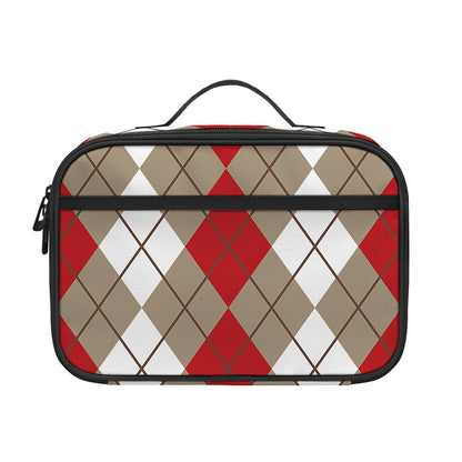 Red Beige And White Argyle Pattern Print Portable Lunch Bag