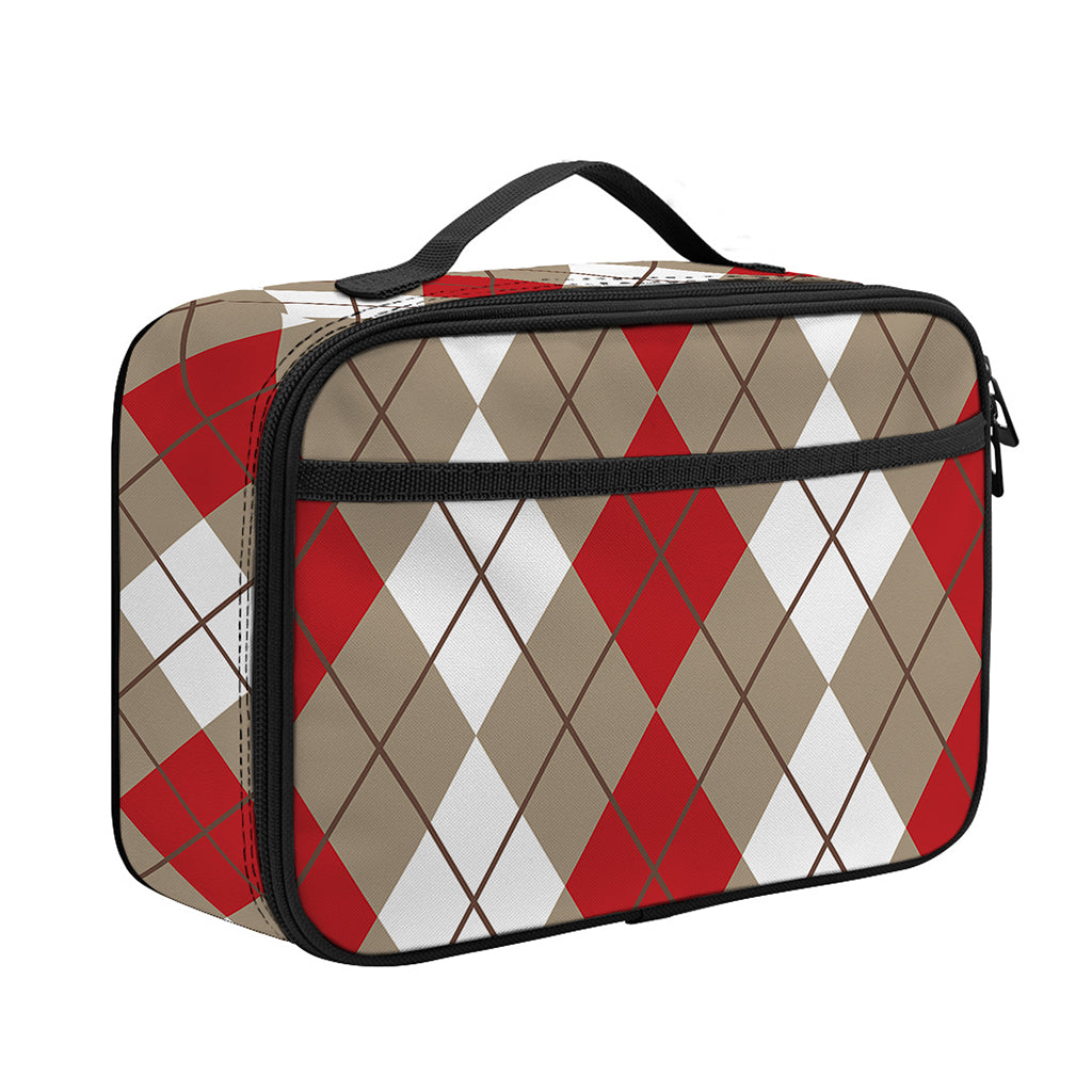 Red Beige And White Argyle Pattern Print Portable Lunch Bag