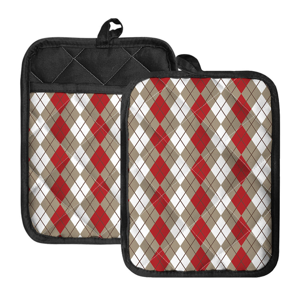 Red Beige And White Argyle Pattern Print Pot Holders With Pocket