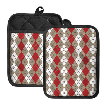 Red Beige And White Argyle Pattern Print Pot Holders With Pocket