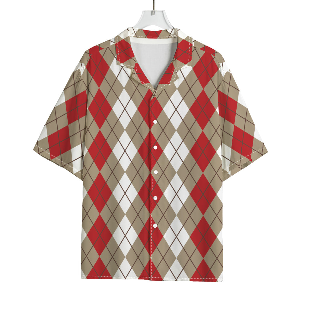 Red Beige And White Argyle Pattern Print Rayon Hawaiian Shirt