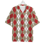 Red Beige And White Argyle Pattern Print Rayon Hawaiian Shirt