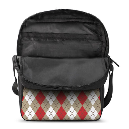 Red Beige And White Argyle Pattern Print Rectangular Crossbody Bag