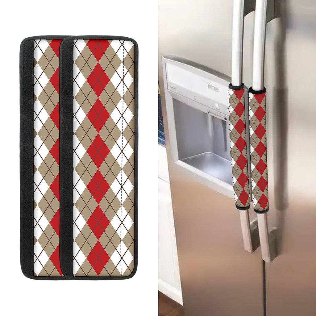 Red Beige And White Argyle Pattern Print Refrigerator Handle Covers