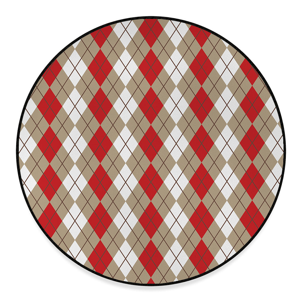 Red Beige And White Argyle Pattern Print Round Floor Mat