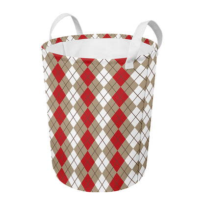 Red Beige And White Argyle Pattern Print Round Laundry Basket