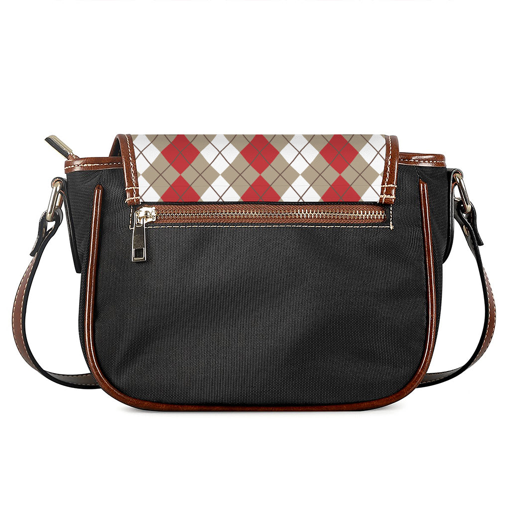 Red Beige And White Argyle Pattern Print Saddle Bag