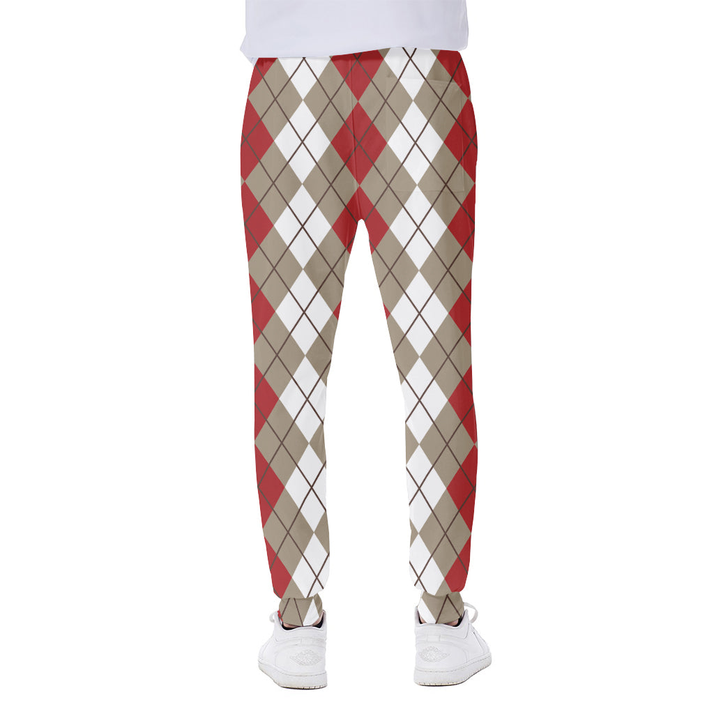 Red Beige And White Argyle Pattern Print Scuba Joggers