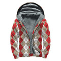 Red Beige And White Argyle Pattern Print Sherpa Lined Zip Up Hoodie