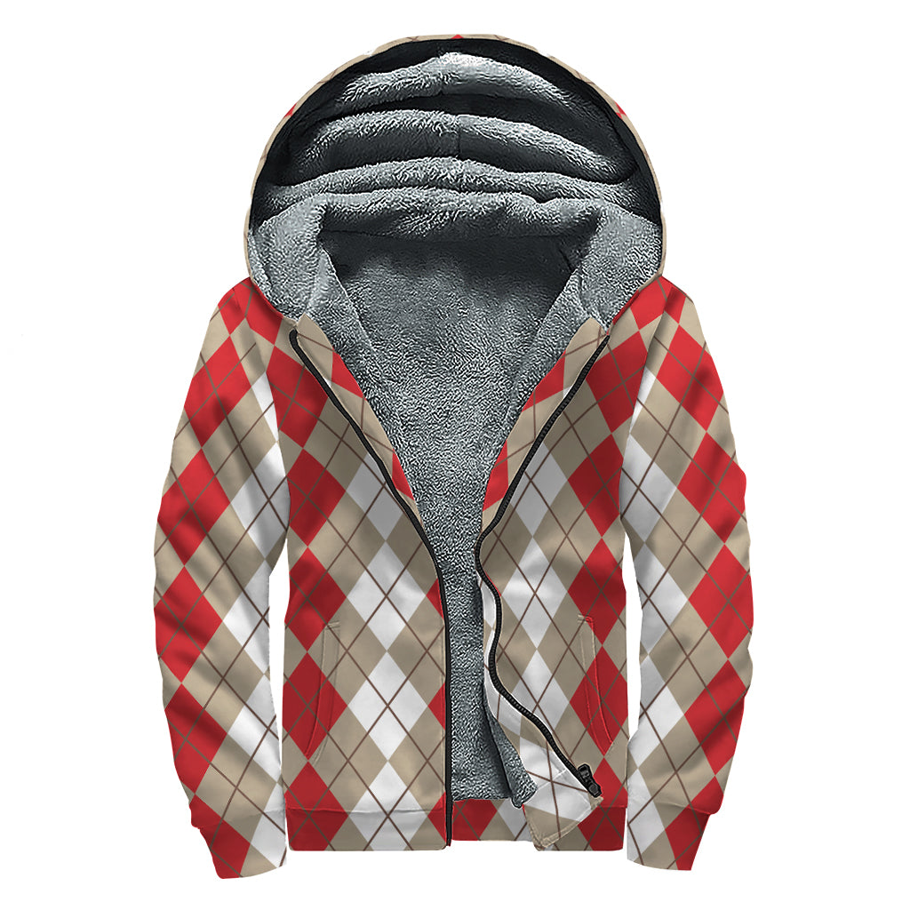 Red Beige And White Argyle Pattern Print Sherpa Lined Zip Up Hoodie