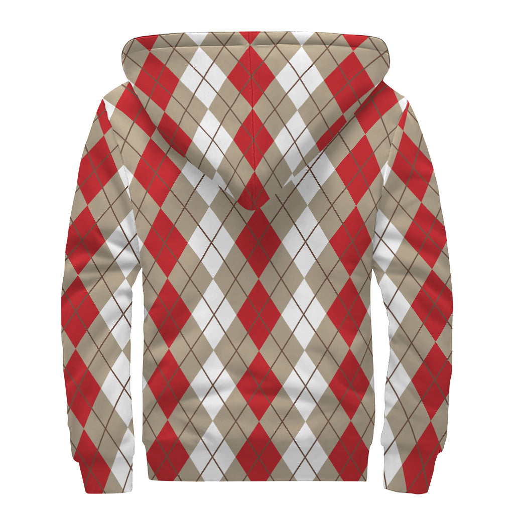Red Beige And White Argyle Pattern Print Sherpa Lined Zip Up Hoodie