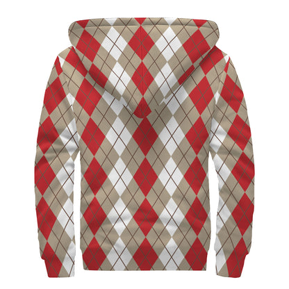 Red Beige And White Argyle Pattern Print Sherpa Lined Zip Up Hoodie