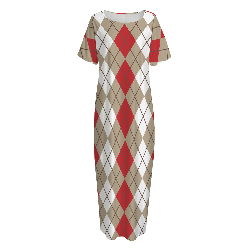 Red Beige And White Argyle Pattern Print Short Sleeve Long Nightdress