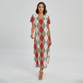 Red Beige And White Argyle Pattern Print Short Sleeve Maxi Dress