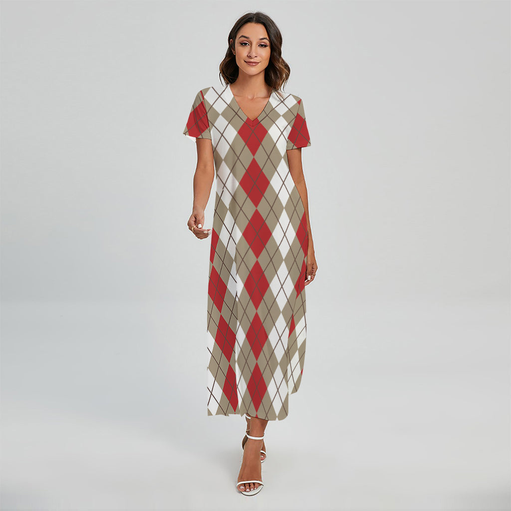 Red Beige And White Argyle Pattern Print Short Sleeve Maxi Dress