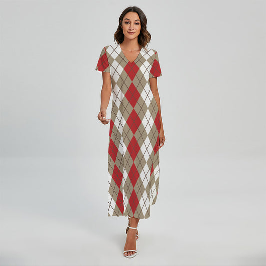Red Beige And White Argyle Pattern Print Short Sleeve Maxi Dress