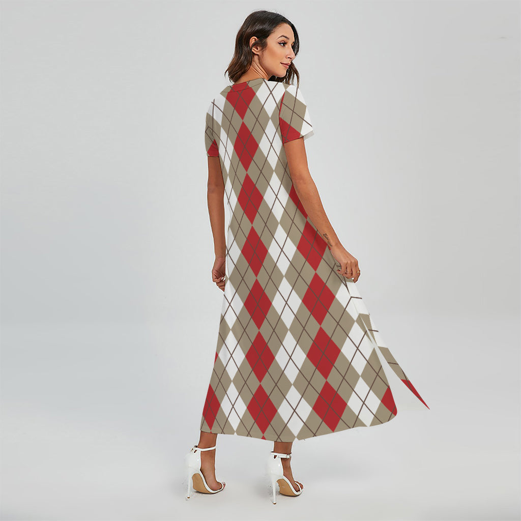Red Beige And White Argyle Pattern Print Short Sleeve Maxi Dress