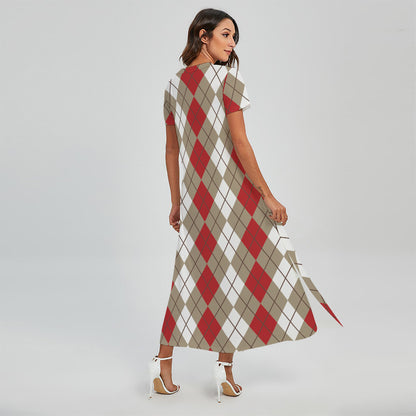 Red Beige And White Argyle Pattern Print Short Sleeve Maxi Dress