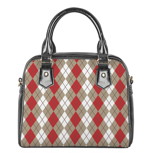 Red Beige And White Argyle Pattern Print Shoulder Handbag