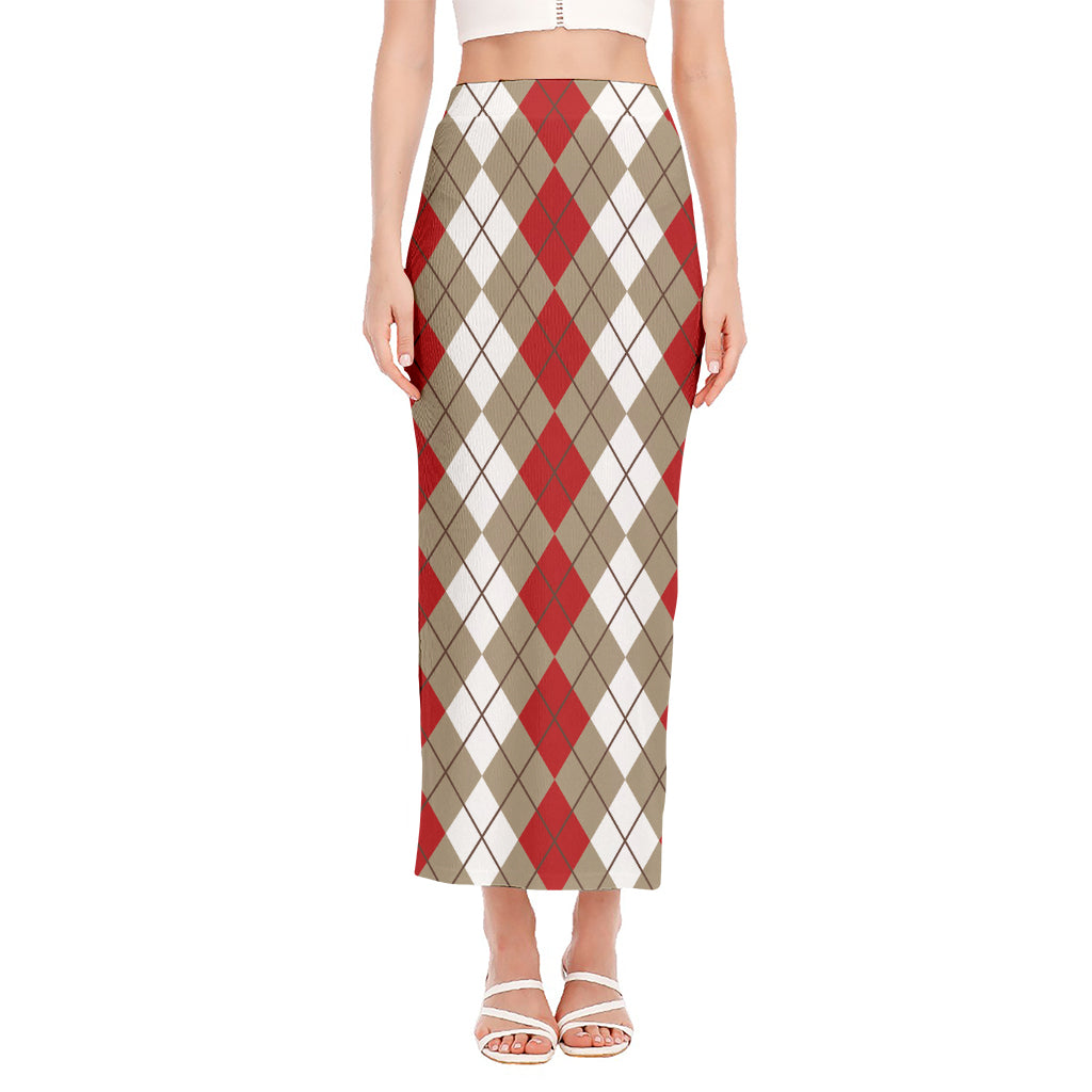 Red Beige And White Argyle Pattern Print Side Slit Maxi Skirt