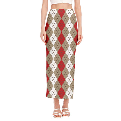 Red Beige And White Argyle Pattern Print Side Slit Maxi Skirt