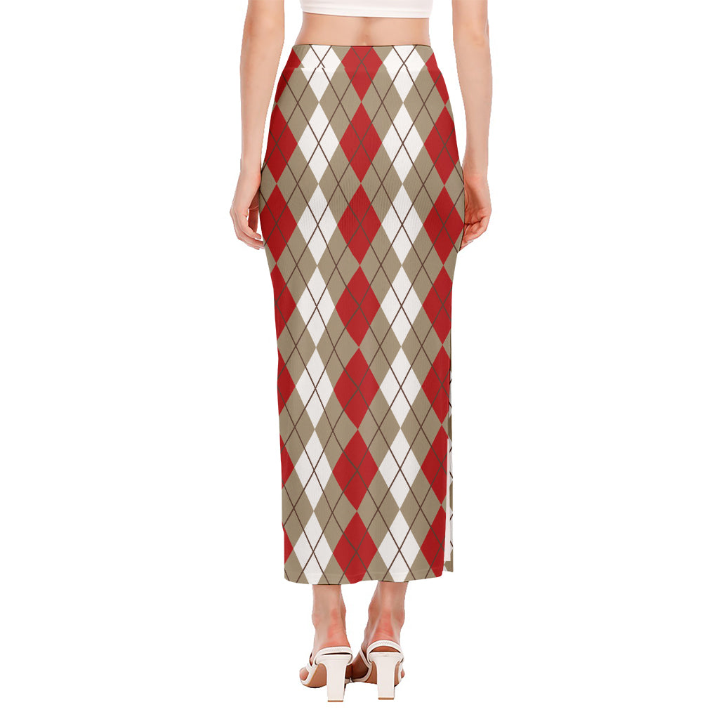 Red Beige And White Argyle Pattern Print Side Slit Maxi Skirt
