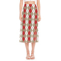 Red Beige And White Argyle Pattern Print Side Slit Midi Skirt