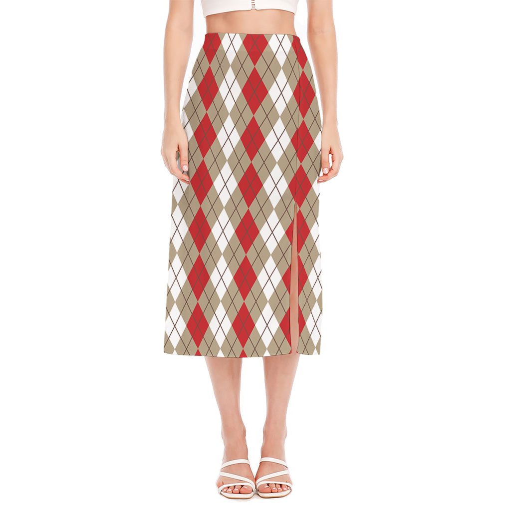 Red Beige And White Argyle Pattern Print Side Slit Midi Skirt