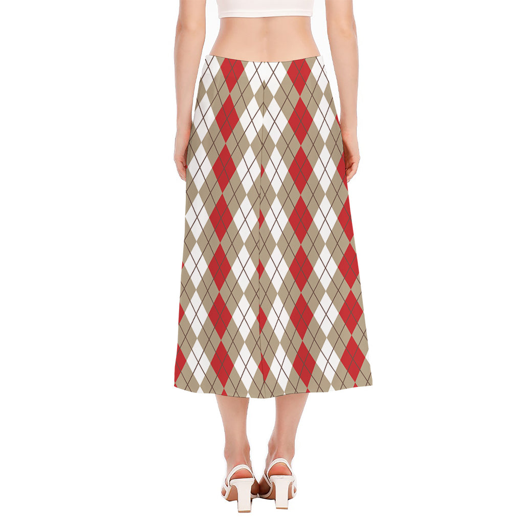 Red Beige And White Argyle Pattern Print Side Slit Midi Skirt
