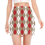 Red Beige And White Argyle Pattern Print Side Slit Mini Skirt