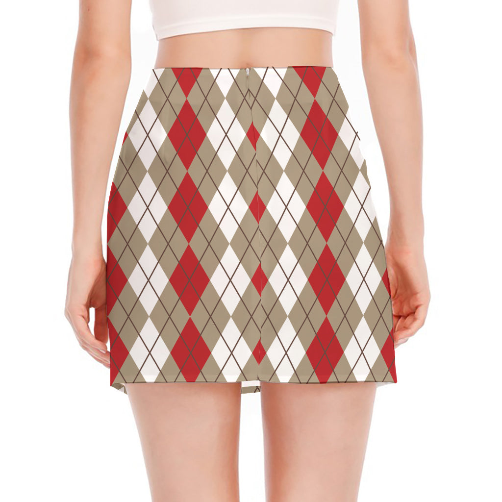 Red Beige And White Argyle Pattern Print Side Slit Mini Skirt