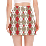 Red Beige And White Argyle Pattern Print Side Slit Mini Skirt