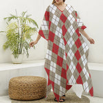 Red Beige And White Argyle Pattern Print Silk V-Neck Kaftan Dress