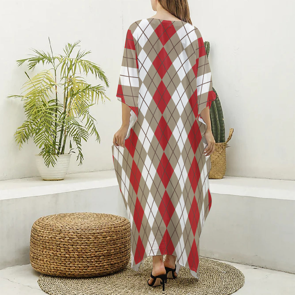 Red Beige And White Argyle Pattern Print Silk V-Neck Kaftan Dress