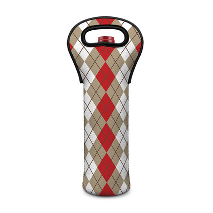 Red Beige And White Argyle Pattern Print Single Neoprene Wine Tote