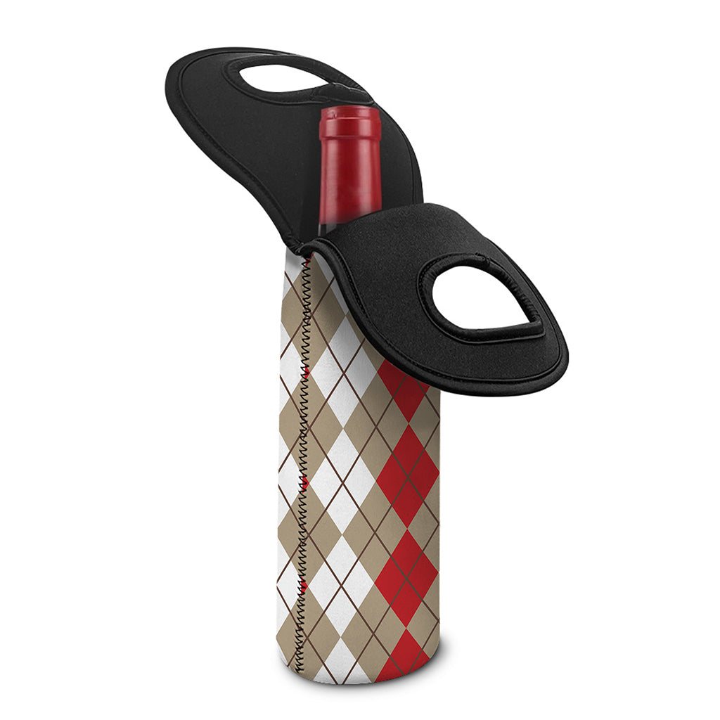 Red Beige And White Argyle Pattern Print Single Neoprene Wine Tote