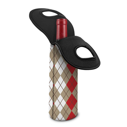 Red Beige And White Argyle Pattern Print Single Neoprene Wine Tote