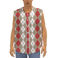 Red Beige And White Argyle Pattern Print Sleeveless Baseball Jersey
