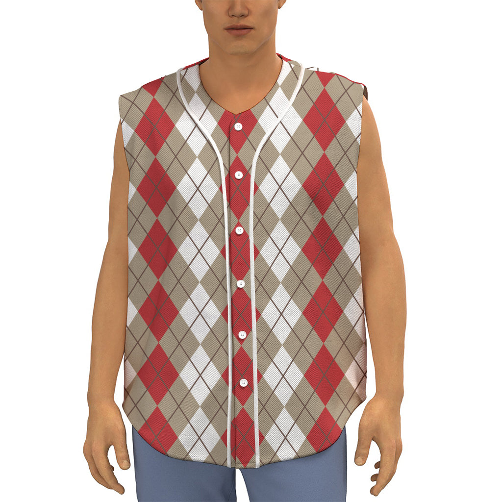 Red Beige And White Argyle Pattern Print Sleeveless Baseball Jersey
