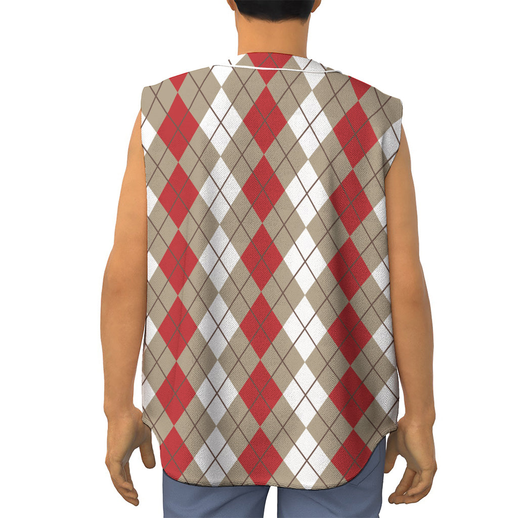 Red Beige And White Argyle Pattern Print Sleeveless Baseball Jersey