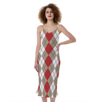 Red Beige And White Argyle Pattern Print Slim Fit Midi Cami Dress
