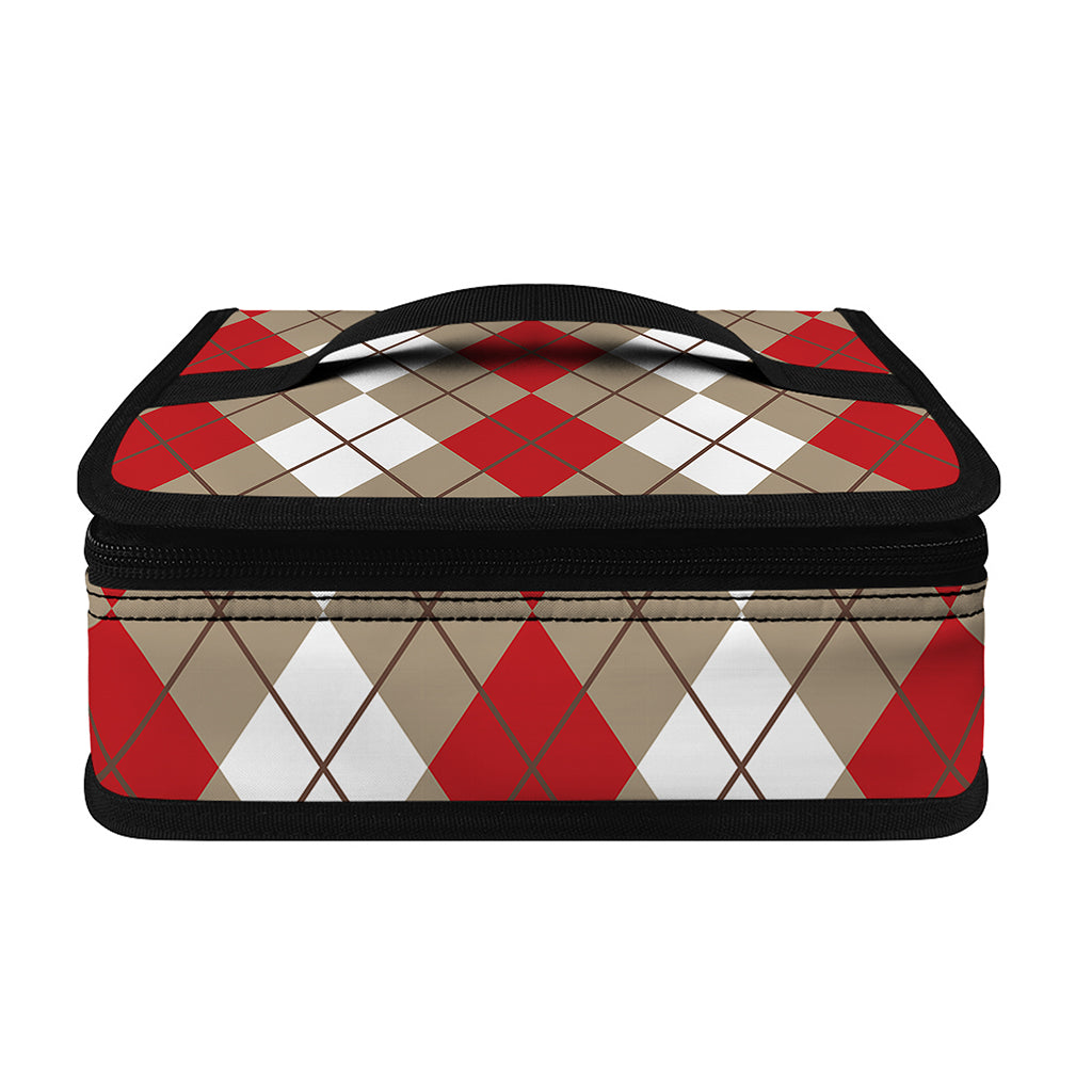 Red Beige And White Argyle Pattern Print Small Lunch Bag